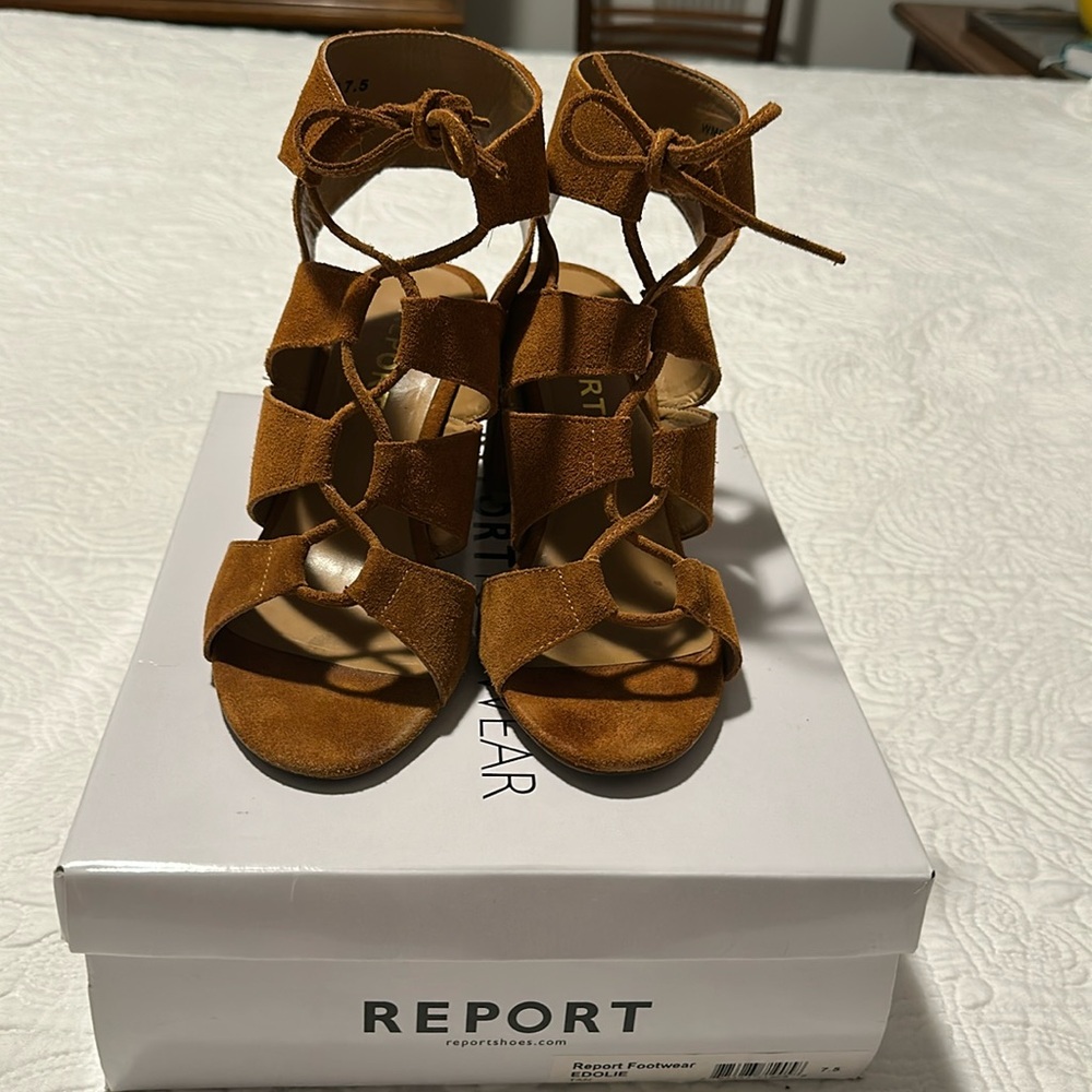 Report Tan Lace-up Heels with Ankle Strap and Block Heel 7.5